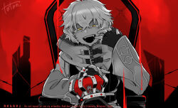  1boy bare_shoulders crown gnosia grey_hair grin hair_between_eyes holding king_(vocaloid) looking_at_viewer male_focus parody raciraci_tatan red_background red_eyes remnan_(gnosia) short_hair sitting smile solo teeth throne unworn_crown upper_body virtual_youtuber 