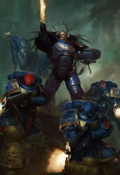  6+boys adeptus_astartes armor armor_of_fate_(warhammer) battle bird blonde_hair blue_armor bug chaos_(warhammer) chaos_space_marine commentary death_guard eagle emperor&#039;s_sword_(warhammer) english_commentary firing full_armor halo highres holding holding_bolter igor_sid imperial_aquila imperium_of_man laurel_crown mechanical_halo multiple_boys official_art outdoors pauldrons plague_marine power_armor primarch purity_seal red_eyes roboute_guilliman rot_fly short_hair shoulder_armor solo_focus standing ultramarines warhammer_40k waving_flag 