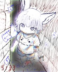  1other 911servis androgynous animal_ears arrow_(symbol) baseball_bat commentary english_commentary frown furry highres holding holding_weapon nail nail_bat original other_focus paper shirt solo sweat t-shirt weapon 