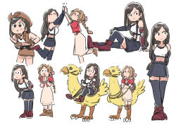  2girls arms_behind_back bangle bare_shoulders bird black_bra black_hair black_thighhighs blush boots bra bracelet braid braided_ponytail breasts brown_eyes brown_footwear brown_gloves brown_hair brown_skirt brown_vest chibi chocobo closed_eyes cowboy_hat crop_top cropped_jacket cropped_vest dress elbow_gloves final_fantasy final_fantasy_vii final_fantasy_vii_rebirth final_fantasy_vii_remake fingerless_gloves furrowed_brow gloves hair_ribbon hand_on_own_knee hands_on_own_hips hat high_five holding holding_reins jacket jewelry leaning_forward leather_skirt leather_vest long_dress long_hair looking_to_the_side low-tied_long_hair medium_breasts midriff minion_2_(zannen_onna-kanbu_black_general-san) multiple_girls official_alternate_costume open_mouth own_hands_together parted_bangs pink_dress pink_ribbon puffy_short_sleeves puffy_sleeves red_jacket reins ribbon riding riding_bird shirt short_sleeves single_braid sitting skirt sports_bra standing standing_on_one_leg suspenders swept_bangs thighhighs tifa_lockhart tifa_lockhart_(cowgirl) tsubobot underwear vest white_background white_shirt 