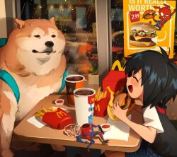  1girl :d absurdres ad animal backpack bag black_hair black_shirt blush burger cheemsburger_(doge) closed_eyes closed_mouth coca-cola cup disposable_cup dog doge drink eating food french_fries from_side happy happy_meal highres holding holding_food indoors khyle. marvel mcdonald&#039;s night open_mouth peni_parker poster_(object) rain revision shirt smile soda sp//dr spider-ham spider-man:_into_the_spider-verse spider-man_(series) spider-verse table toy white_shirt window 