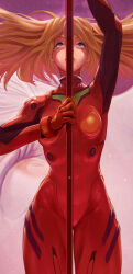  1girl ayanami_rei bodysuit brown_hair curvy floating floating_hair giant gintsu highres holding holding_polearm holding_spear holding_weapon lance_of_longinus_(evangelion) lilith_(ayanami_rei) long_hair looking_up neon_genesis_evangelion pilot_suit plugsuit polearm red_bodysuit skin_tight solo_focus souryuu_asuka_langley spear the_end_of_evangelion utility_pole weapon wide_hips 