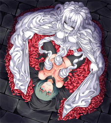  2girls arm_support black_legwear blush breasts clenched_teeth female_focus from_above green_eyes green_hair leaning_back monster_girl multiple_girls nipples original outstretched_arms sirukucape surrounded teeth tentacles thighhighs 