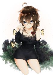 1girl :p absurdres ahoge bare_shoulders black_bra black_flower black_nails blue_eyes blush bow bra braid breasts brown_hair bug butterfly collarbone dress eyelashes flower grass hair_between_eyes hair_bow hair_flaps hair_ornament hair_over_shoulder hairclip hand_up highres insect kantai_collection looking_at_viewer medium_breasts nail_polish off-shoulder_dress off_shoulder shigure_(kancolle) shigure_kai_ni_(kancolle) sidelocks single_braid sitting solo sweater sweater_dress thighs tongue tongue_out underwear uzuki_tsukuyo white_background rating:Questionable score:5 user:danbooru