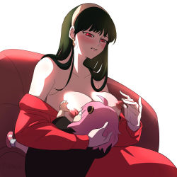  2girls anya_(spy_x_family) artist_request black_hair blush breast_sucking breasts breasts_out earrings highres jewelry long_hair medium_hair mother_and_daughter multiple_girls nipple_stimulation nipple_tweak nipples pink_hair red_eyes spy_x_family yor_briar  rating:Questionable score:90 user:FabricioDias