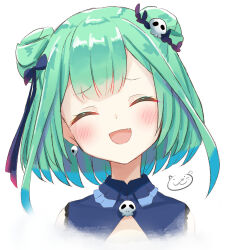  1girl absurdres blue_ribbon blush closed_eyes commentary_request cropped_shoulders double_bun earrings facing_viewer fang green_hair hair_bun hair_ornament hair_ribbon head_tilt highres hololive jewelry open_mouth ribbon short_hair sidelocks simple_background skull_brooch skull_earrings skull_hair_ornament smile solo straight-on toshizou_(0714) uruha_rushia uruha_rushia_(1st_costume) virtual_youtuber white_background  rating:General score:12 user:danbooru