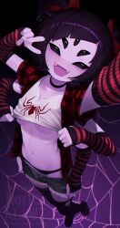  1girl arm_up arthropod_girl black_choker black_eyes black_hair black_panties black_thighhighs blush bow choker clothes_pull colored_skin cup extra_arms extra_eyes fangs from_above hair_bow highres insect_girl looking_at_viewer monster_girl muffet no_bra open_clothes open_mouth open_shirt open_shorts panties purple_skin red_bow red_shirt selfie shirt short_hair shorts shorts_pull silk smile solo spider_girl spider_web thighhighs torn_clothes torn_thighhighs two_side_up undertale underwear v yoako  rating:Sensitive score:47 user:danbooru