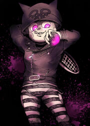 1boy ball beanie belt belt_buckle black_background blood blood_splatter blush_stickers buckle buttons cigarette collared_jacket danganronpa_(series) danganronpa_v3:_killing_harmony evil_smile fake_horns feet_out_of_frame greyscale hat highres holding holding_ball holding_tennis_racket horned_headwear horns hoshi_ryoma jacket layered_sleeves leather leather_jacket loiodg long_sleeves male_focus monochrome mouth_hold pants pink_blood pink_eyes signature simple_background smile solo spot_color striped_clothes striped_pants teeth weapon_behind_back zipper zipper_pull_tab 