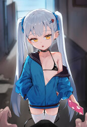  1boy 1girl absurdres bare_shoulders bikini black_bikini cellphone choker ear_piercing earrings flat_chest grey_hair hair_ornament hairclip hand_in_pocket highres holding holding_phone honashi jacket jewelry loli long_hair looking_at_viewer off_shoulder original phone piercing pov smartphone swimsuit textless_version thighhighs twintails variant_set very_long_hair white_thighhighs yellow_eyes 