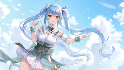  1girl blue_hair detached_sleeves hololive indoors open_mouth pointy_ears sebu_illust short_sleeves smile solo twintails virtual_youtuber yellow_eyes yukihana_lamy 