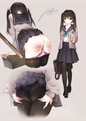  1girl 1other absurdres ass ass_grab bag bent_over black_hair black_pantyhose blue_sailor_collar blue_skirt brown_background brown_eyes brown_hair butt_crack chinese_commentary clothes_pull commentary_request dated desk fireball_666 grabbing_own_ass grey_shirt highres holding_ruler long_hair long_sleeves looking_at_viewer original panties panties_under_pantyhose panty_pull pantyhose pantyhose_pull pink_panties pleated_skirt sailor_collar school_bag school_desk school_uniform serafuku shirt skirt spanked spanking twintails underwear  rating:Questionable score:24 user:danbooru