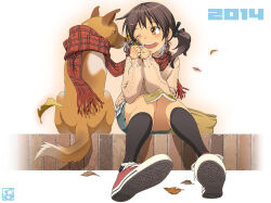  1girl ;d aoi_sora_(pairan) aran_sweater artist_name black_socks blue_shorts book book_on_lap bottle bottle_to_cheek brown_eyes brown_hair brown_sweater cable_knit commentary_request denim denim_shorts dog falling_leaves fringe_trim grey_shirt hair_ornament hairclip hands_up holding holding_bottle kneehighs leaf long_sleeves looking_at_another looking_to_the_side one_eye_closed open_book open_mouth original pairan plaid plaid_scarf plaid_shirt red_footwear red_scarf scarf shared_clothes shared_scarf shirt shirt_under_sweater shoe_soles shoes shorts sideways_glance sitting sleeves_past_wrists smile sneakers socks sweater teeth thighs thighs_together twintails two-tone_shirt upper_teeth_only white_shirt yellow_bag 