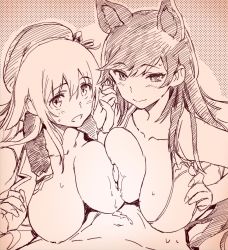 2girls animal_ears atago_(azur_lane) atago_(kancolle) azur_lane blush breast_press breasts cat_ears cleavage cooperative_paizuri cum group_sex historical_name_connection kantai_collection large_breasts long_hair looking_at_viewer looking_up monochrome multiple_girls name_connection open_clothes open_mouth paizuri penis sameda_koban sweat symmetrical_docking threesome uncensored rating:Explicit score:58 user:danbooru