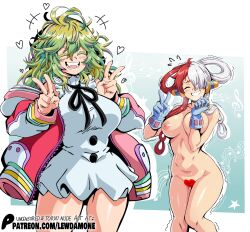  2girls black_ribbon blue_gloves boku_no_hero_academia breasts censored closed_eyes collarbone commentary cosplay costume_switch cowboy_shot crossover double_v dress english_commentary feet_out_of_frame foreshortening gloves gradient_background green_hair grin hagakure_tooru hair_between_eyes hair_over_one_eye hair_rings hands_up heart heart_censor highres large_breasts lewdamone long_hair messy_hair motion_lines multicolored_hair multiple_girls musical_note_background navel nazuka_kaori neck_ribbon nervous_smile nervous_sweating nipples nude one_piece one_piece_film:_red open_clothes open_mouth paid_reward_available patreon_logo patreon_username red_hair ribbon smile split-color_hair standing streaked_hair sweat thigh_gap thighs trembling two-tone_hair unusually_visible uta_(one_piece) v voice_actor_connection watermark web_address white_dress zipper 