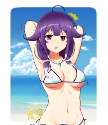  10s 1girl abs absurdres ahoge armpits arms_up bad_id bad_pixiv_id beach bikini blush breasts cloud covered_erect_nipples day highres jewelry kantai_collection large_breasts long_hair looking_at_viewer low_twintails magatama micro_bikini navel outdoors pendant purple_hair red_eyes side-tie_bikini_bottom skindentation sky solo strap_gap swimsuit taigei_(kancolle) tom-ani twintails underboob wardrobe_malfunction white_bikini  rating:Questionable score:24 user:danbooru