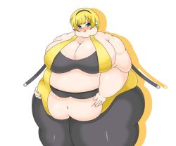 1girl belly_grab blonde_hair blue_eyes blush breasts cleavage creatures_(company) earrings fat game_freak gym_leader huge_breasts jewelry nintendo obese pokemon solo rating:Questionable score:15 user:HOJOJO