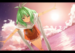  1girl blush cloud dark_skin dark-skinned_female dennou_curry emerada_(xenogears) female_focus green_hair leaning_forward lens_flare letterboxed looking_at_viewer n_i_n_o ocean outstretched_arms scarf skirt sky solo spread_arms star_(sky) starry_sky sunset torn_clothes xeno_(series) xenogears yellow_eyes  rating:Sensitive score:3 user:dreamoreo