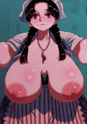  1girl absurdres apron black_hair breasts freckles freckles_on_breasts hat highres jewelry large_breasts necklace open_clothes open_shirt overjav red_eyes shirt skirt twintails  rating:Explicit score:6 user:CovArd