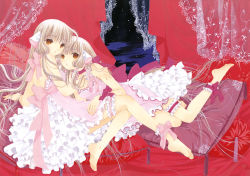 00s 2girls absurdres ankle_cuffs ankle_garter anklet bare_shoulders barefoot blonde_hair bow bridal_garter brown_eyes chii chobits clamp dress feet freya freya_(chobits) frills gathers highres jewelry lace long_hair multiple_girls pillow ribbon thighhighs very_long_hair white_dress white_thighhighs wrist_cuffs rating:Sensitive score:23 user:danbooru