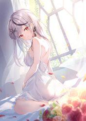  1girl backless_dress backless_outfit bare_shoulders curtains dress flower grey_hair hair_ornament hairclip hololive jura looking_at_viewer on_bed sakamata_chloe solo virtual_youtuber window  rating:Sensitive score:8 user:Hullyen