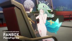 1boy 1girl 3d age_difference animal_ears animated artist_name ass ass_grab blender_(medium) blush bouncing_breasts breasts breath caelus_(honkai:_star_rail) censored clothed_male_nude_female fox_ears fox_girl fox_tail full_body girl_on_top green_eyes green_hair green_tail grey_hair hair_between_eyes hair_ornament hat hetero highres holding honkai:_star_rail honkai_(series) mihoyo hug huohuo_(honkai:_star_rail) indoors loli looking_at_another looking_at_viewer medium_hair mihoyo moaning mosaic_censoring multiple_views nail_polish nervous nipples nude on_chair pale_skin pastapaprika penis pov riding sex sitting sitting_on_lap sitting_on_person size_difference small_breasts solo_focus sound space spread_legs steam tagme tail teeth testicles trailblazer_(honkai:_star_rail) vaginal video worried  rating:Explicit score:495 user:PastaPaprika