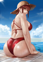  1girl absurdres alternate_costume ass bare_back bare_shoulders bikini blue_sky breasts chainsaw_man cloud cloudy_sky commentary_request easonx from_behind hat highres large_breasts makima_(chainsaw_man) medium_hair nape outdoors pool poolside red_bikini red_hair sky solo straw_hat sun_hat swimsuit water wet 