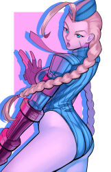  1girl absurdres ass blonde_hair blue_eyes braid breasts calvin_sims cammy_white facial_scar fingerless_gloves garrison_cap gloves hat highres lips long_braid long_hair looking_at_viewer medium_breasts parted_lips scar scar_on_cheek scar_on_face solo street_fighter street_fighter_zero_(series) thighs 