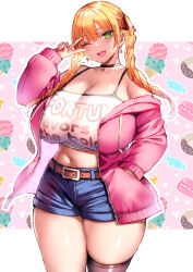 1girl ;d bare_shoulders belt black_choker black_thighhighs blonde_hair blue_shorts blush breasts brown_belt choker cleavage commentary_request cowboy_shot cross cross_earrings denim denim_shorts earrings green_eyes hand_in_pocket hand_up highres huge_breasts jacket jewelry long_sleeves looking_at_viewer midriff moto_inkya_no_kyonyuu_yariman_imouto_ga_erosugite_onii-chan_wa_mou...!! nail_polish natsuki_(bookworm_little_sister) navel off_shoulder one_eye_closed open_clothes open_jacket open_mouth original pink_jacket purple_nails shirt short_shorts shorts single_thighhigh smile solo thick_thighs thighhighs thighs tsukumiya_amane twintails v white_shirt