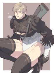  1boy 2b_(nier:automata) 2b_(nier:automata)_(cosplay) absurdres bara black_gloves blue_eyes boots brown_hair cleavage_cutout clothing_cutout cosplay curtained_hair gloves gun highres holding holding_gun holding_weapon large_pectorals leon_s._kennedy leotard male_focus muscular muscular_male nier:automata nier_(series) on_(isk1812) pectorals resident_evil resident_evil_4 resident_evil_4_(remake) short_hair solo thick_thighs thigh_boots thighs thong_leotard weapon weapon_on_back white_leotard  rating:Sensitive score:4 user:danbooru