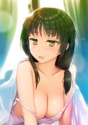 1girl bare_shoulders breasts brown_hair cleavage collarbone commentary_request green_hair hair_ornament large_breasts long_hair multicolored_hair nonderi off-shoulder_shirt off_shoulder open_mouth original shirt sleepy solo two-tone_hair white_shirt rating:Sensitive score:51 user:danbooru