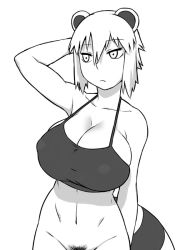 1girl animal_ears araiguma-san bottomless breasts cleavage covered_erect_nipples expressionless female_pubic_hair greyscale halterneck halterneck huge_breasts monochrome original out-of-frame_censoring pubic_hair raccoon_ears raccoon_tail short_hair solo spaghetti_strap strap_gap tail tsukudani_(coke-buta) rating:Questionable score:41 user:danbooru