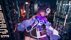  1girl :o blush building city city_lights cityscape cowboy_shot detached_sleeves dutch_angle hair_ornament highres looking_at_viewer night o-ring original puffy_sleeves purple_hair science_fiction short_hair skyscraper sleeves_past_wrists solo soukou_makura yellow_eyes 