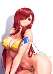  1girl alternate_costume artist_name bikini blue_tattoo breasts cleavage erza_scarlet fairy_tail hair_over_one_eye highres large_breasts long_hair looking_at_viewer matheuus_arts navel red_eyes red_hair shadow shoulder_tattoo simple_background smile solo swimsuit tattoo white_background yellow_bikini 