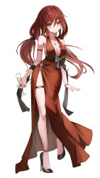  1girl absurdres akane_lize ankle_strap armband armpits badge bare_arms bare_shoulders black_bow black_footwear blonde_hair blush bow bracelet breasts button_badge champagne_flute cleavage closed_mouth collarbone commentary_request cross cross_earrings cross_necklace cup dress drink drinking_glass earrings eyes_visible_through_hair fang fang_out firehippo floating_hair full_body grey_bow grey_eyes grey_ribbon hair_between_eyes hair_bow hair_in_own_mouth hair_intakes hair_ornament hairclip halterneck head_tilt high_heels highres holding holding_drink jewelry large_breasts long_hair looking_at_viewer low_twintails mole mole_under_eye multicolored_hair necklace pienna_(akane_lize) plunging_neckline raised_eyebrows red_armband red_dress red_hair ring ringed_eyes side_slit simple_background single_earring sleeveless sleeveless_dress smile solo standing stellive stiletto_heels strappy_heels streaked_hair thick_eyelashes thigh_strap twintails very_long_hair virtual_youtuber white_background 