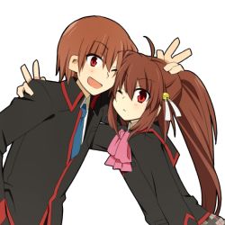  1boy 1girl bad_id bad_pixiv_id bow brother_and_sister brown_hair little_busters! long_hair natsume_kyousuke natsume_rin one_eye_closed pink_bow ponytail red_eyes school_uniform shacttainw short_hair siblings v wink 