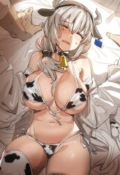 1boy 1girl animal_ears animal_print bell bikini bow_(bhp) breasts closed_eyes commentary_request cow_ears cow_horns cow_print cow_print_bikini cowbell ear_tag fake_animal_ears fake_horns grey_hair hair_between_eyes horns large_breasts long_hair looking_at_viewer mature_female navel neck_bell open_clothes open_mouth open_shirt ponytail pov print_bikini shirt side-tie_bikini_bottom swimsuit uzaki-chan_wa_asobitai! uzaki_tsuki white_shirt rating:Questionable score:97 user:danbooru