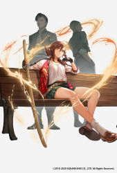  1girl 2boys angry belt bench bokken brown_eyes brown_hair cinkai crossed_ankles faceless faceless_male fingerless_gloves gakuran gloves hair_between_eyes highres holding holding_sword holding_weapon jacket loafers looking_at_viewer multiple_boys official_art plaid plaid_skirt pleated_skirt romancing_saga_re;universe school_uniform shirt shoes sitting skirt socks solo_focus sukajan sword t-shirt updo weapon wooden_sword delinquent 