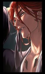  1boy abarai_renji artist_name black_eyes bleach chest_tattoo close-up clothes_in_mouth collarbone forehead_tattoo hair_between_eyes hand_in_own_hair highres looking_at_viewer male_focus parted_lips pectoral_cleavage pectorals red_hair shihakusho sideburns solo tattoo ten0u0 wide_sleeves 