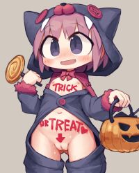  1girl arrow_(symbol) blush body_writing bow candy censored cleft_of_venus costume embarrassed fang flat_chest food gluteal_fold heart holding hood hoodie loli lollipop long_sleeves nanatsuta navel nipples open_mouth original pussy simple_background solo sweat trick_or_treat  rating:Explicit score:56 user:Domestic_Importer