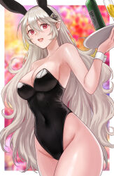  1girl :d alternate_costume animal_ears bare_shoulders black_hairband black_leotard blurry blurry_background border breasts cleavage collarbone corrin_(female)_(fire_emblem) corrin_(fire_emblem) covered_navel cowboy_shot cup detached_collar drinking_glass fake_animal_ears fire_emblem fire_emblem_fates grey_hair groin hair_between_eyes hair_ornament hairband hazuki_(nyorosuke) highleg highleg_leotard highres holding holding_tray large_breasts leotard long_hair looking_at_viewer nintendo open_mouth playboy_bunny pointy_ears rabbit_ears rabbit_tail red_eyes simple_background smile solo strapless strapless_leotard tail tray white_border wine_glass wrist_cuffs 