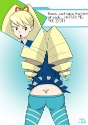  1girl absurdres ass big_hair blonde_hair blue_background blue_pantyhose brown_eyes butt_crack capcom dimples_of_venus drill_hair english_text green_eyes highres jgchaos long_hair luna_platz_(mega_man) mega_man_(series) mega_man_star_force open_mouth pantyhose solo solostriped striped_clothes striped_pantyhose twin_drills twintails  rating:Questionable score:10 user:jgchaos