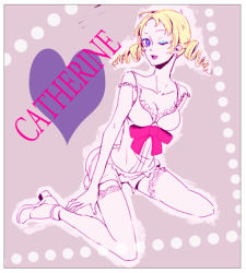  1girl atlus blonde_hair blue_eyes bottomless bra breasts catherine catherine_(game) cleavage dress drill_hair eyeshadow female_focus high_heels long_hair lowres makeup no_pants one_eye_closed partially_colored q_(pcq) red_ribbon ribbon shoes solo thighhighs twin_drills twintails underwear white_dress white_heels white_thighhighs wink 