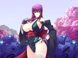 &gt;:) 1girl armpits bare_shoulders black_gloves breasts cherry_blossoms cleavage curvy detached_sleeves fingerless_gloves folding_fan gloves haganef hand_fan hand_on_own_hip happy_birthday highleg highres huge_breasts japanese_clothes kouzuki_yuuko lace lace-trimmed_legwear lace_trim large_breasts long_hair long_sleeves looking_at_viewer muv-luv muv-luv_alternative ninja obi outdoors petals purple_hair red_eyes revealing_clothes sash sideboob single_thighhigh smile solo_focus standing thighhighs underboob v-shaped_eyebrows white_thighhighs wide_sleeves rating:Questionable score:61 user:Xander