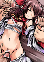 1girl ascot bar_censor bloomers bloomers_pull breasts brown_eyes censored clothes_lift detached_sleeves closed_eyes hakurei_reimu handjob hemogurobin_a1c holding_another&#039;s_wrist imminent_penetration imminent_vaginal navel nipples open_mouth penis petite pussy sarashi shirt_lift sleep_molestation sleeping small_breasts solo_focus touhou underwear rating:Explicit score:46 user:danbooru