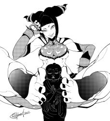 1girl bad_id bad_pixiv_id baggy_pants bare_shoulders barefoot bracelet breasts buddha capcom chinese_clothes crop_top detached_sleeves drill_hair dudou elbow_gloves feet fingerless_gloves fishine foot_focus footjob foreshortening gloves greyscale halterneck han_juri jewelry large_breasts midriff monochrome muscular nail_polish naughty_face navel pants phallic_symbol pointy_hair pov sexually_suggestive shirt short_hair sideboob smile solo_focus spiked_bracelet spikes statue street_fighter street_fighter_iv_(series) taut_clothes taut_shirt toenail_polish toenails twin_drills twintails underboob rating:Sensitive score:173 user:binterwen