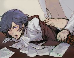  2boys anal ass bent_over blue_eyes blue_hair clothed_sex cum desk gloves lupin_iii male_focus male_penetrated multiple_boys no_pants oscar_(lupin) paper pinned saliva sex short_hair sketch suzumaru_(abyss_iris) sweat tears tms_entertainment trap white_gloves yaoi  rating:Explicit score:42 user:GemiRemedy