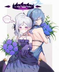  2girls absurdres ako_(blue_archive) ako_(dress)_(blue_archive) back-to-back backless_outfit bare_back bare_shoulders blue_archive blue_dress blue_flower blue_rose blush bouquet bow breasts collarbone commentary_request dangle_earrings demon_girl demon_horns demon_wings dress earrings elbow_gloves evening_gown flat_chest flower gloves hair_between_eyes hair_bow hair_ribbon hairband halo head_tilt highres hina_(blue_archive) hina_(dress)_(blue_archive) holding holding_bouquet horns jewelry large_breasts long_hair looking_at_viewer looking_back multiple_girls necklace nishiki_(952451321) official_alternate_costume official_alternate_hairstyle parted_bangs pearl_necklace pendant ponytail purple_dress purple_eyes purple_flower purple_gloves purple_rose reaching reaching_towards_viewer ribbon rose shoulder_blades sideboob sidelocks simple_background spoken_blush strapless strapless_dress sweatdrop wavy_hair white_background white_hair wings 
