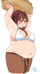 10s 1girl 2014 ahoge armpits ascot bad_id bad_pixiv_id basket bikini bikini_top_only blush bread breasts brown_hair carrying_overhead chef covered_erect_nipples dated eno_konoe eyebrows fat food hat large_breasts looking_afar mikomu navel open_mouth original red_eyes unworn_shirt signature skirt solo sweat swimsuit thick_eyebrows rating:Questionable score:13 user:danbooru