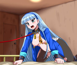  1990s_(style) all_fours bdsm blue_hair blush bondage bound breasts green_eyes indoors leash long_hair magic_knight_rayearth nipple_piercing nipple_rings nipples open_mouth piercing pregnant retro_artstyle ryuuzaki_umi slave slave spec_(artist) torn_clothes  rating:Explicit score:59 user:≤±≥