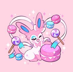  +_+ ;d artist_name blush_stickers candy commentary creatures_(company) fang food game_freak gen_6_pokemon happy leaphere lollipop macaron nintendo one_eye_closed open_mouth pink_background pokemon smile sparkle star_(symbol) sylveon 